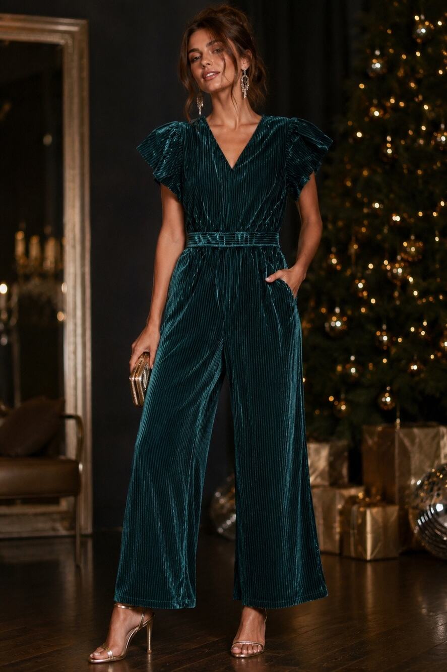 Ivy City Co Green Velvet Pleated Jumpsuit Holiday Party Wide Leg Size Small